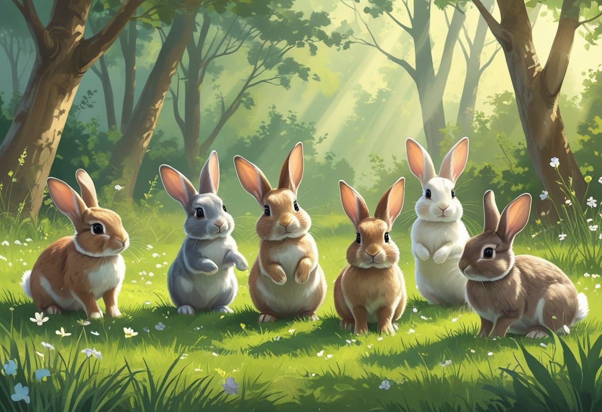 Vários coelhos brincando em um campo verde com flores e árvores ao fundo.
