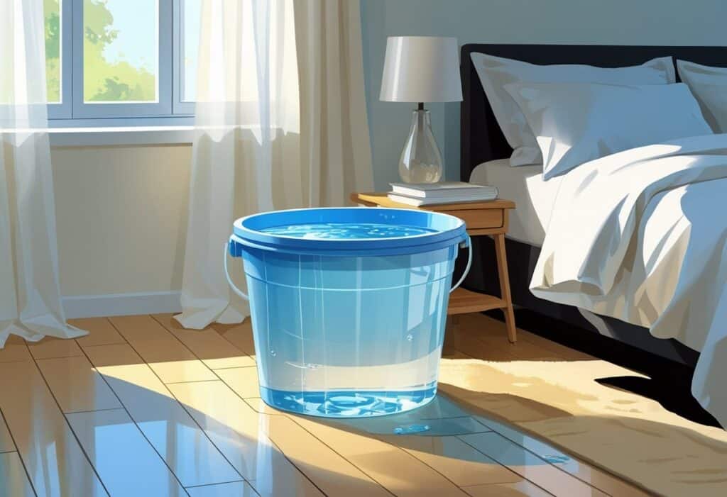 Quarto com um balde cheio de água no chão próximo à cama.