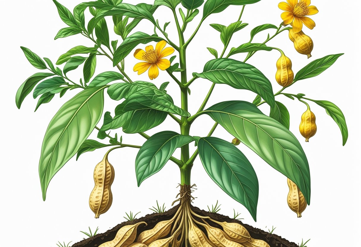 Ilustração detalhada de uma planta de amendoim mostrando folhas verdes, flores amarelas e vagens de amendoim crescendo debaixo da terra.