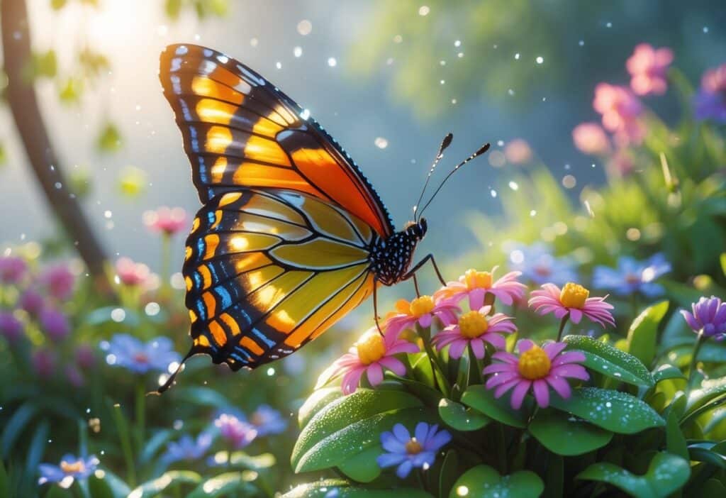 Uma borboleta colorida pousada em flores vibrantes em um jardim cheio de plantas e luz suave.