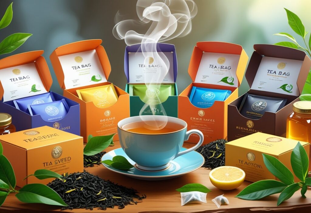 Vários pacotes de chá de saquinho e uma xícara de chá quente sobre uma mesa, com folhas de chá frescas e fatias de limão ao redor.