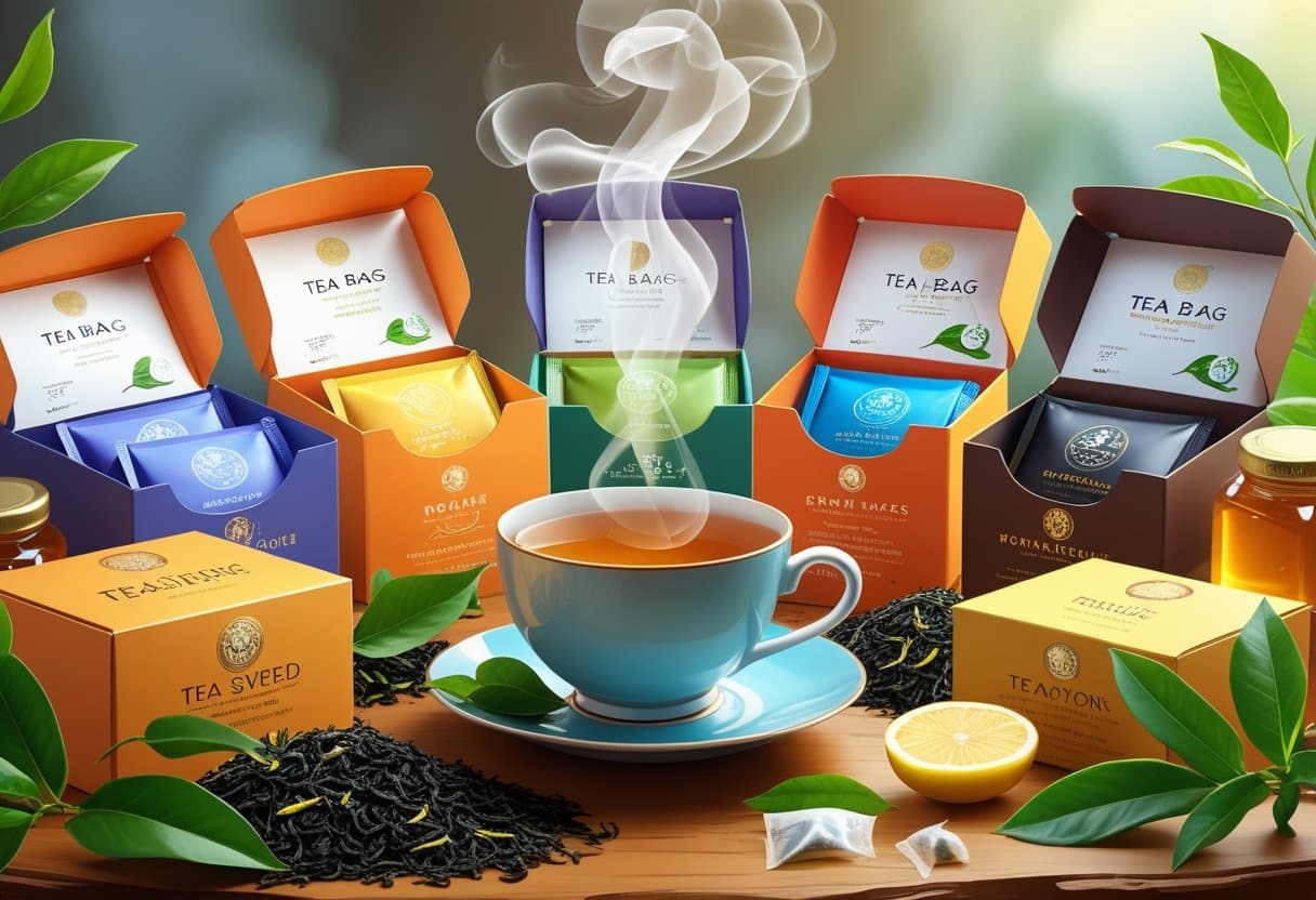 Vários pacotes de chá de saquinho e uma xícara de chá quente sobre uma mesa, com folhas de chá frescas e fatias de limão ao redor.