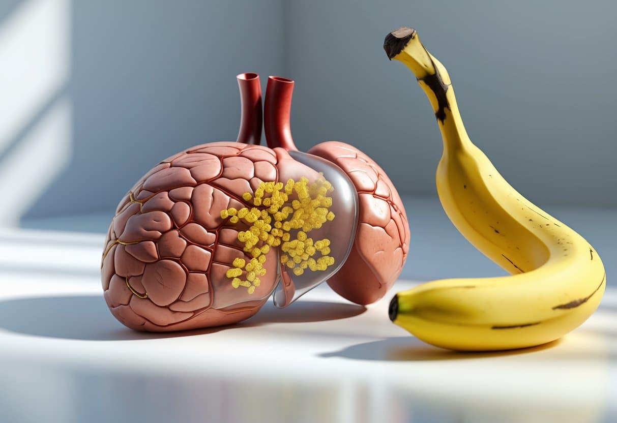 Imagem 3D mostrando um fígado humano com acúmulo de gordura e uma banana ao lado sobre uma superfície branca.