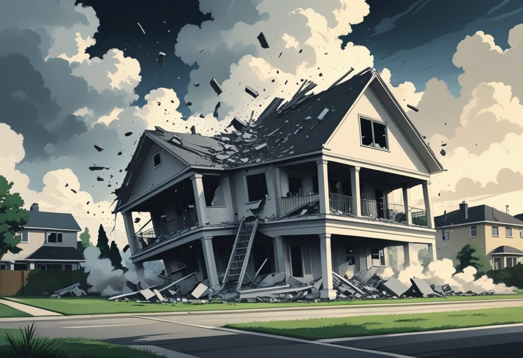 Casa grande em processo de desabamento, com partes do telhado e paredes caindo, em um ambiente suburbano sob um céu nublado.