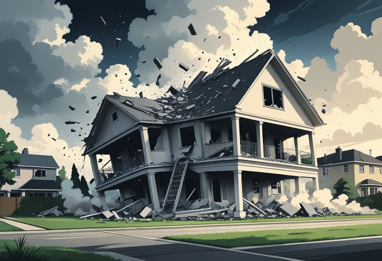 Casa grande em processo de desabamento, com partes do telhado e paredes caindo, em um ambiente suburbano sob um céu nublado.