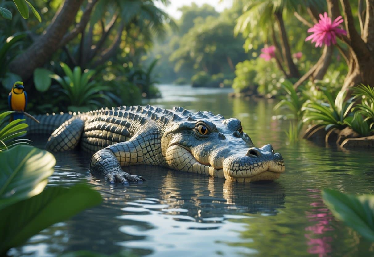 Um jacaré grande parcialmente submerso em um rio calmo cercado por vegetação tropical densa.