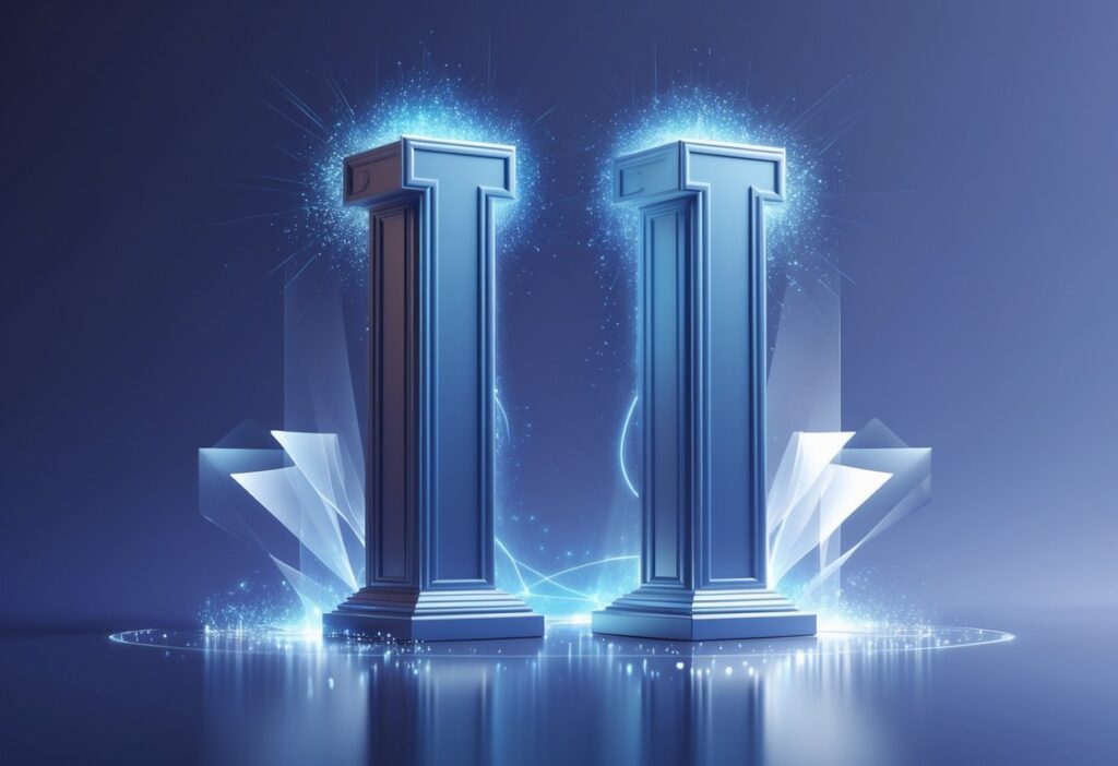 Dois pilares metálicos brilhantes lado a lado em uma superfície reflexiva, com luzes azuis suaves e partículas ao redor, transmitindo uma sensação de mistério e energia.