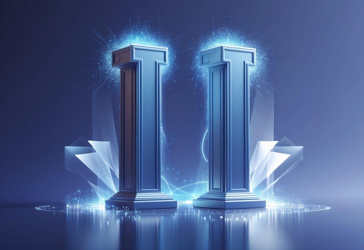 Dois pilares metálicos brilhantes lado a lado em uma superfície reflexiva, com luzes azuis suaves e partículas ao redor, transmitindo uma sensação de mistério e energia.
