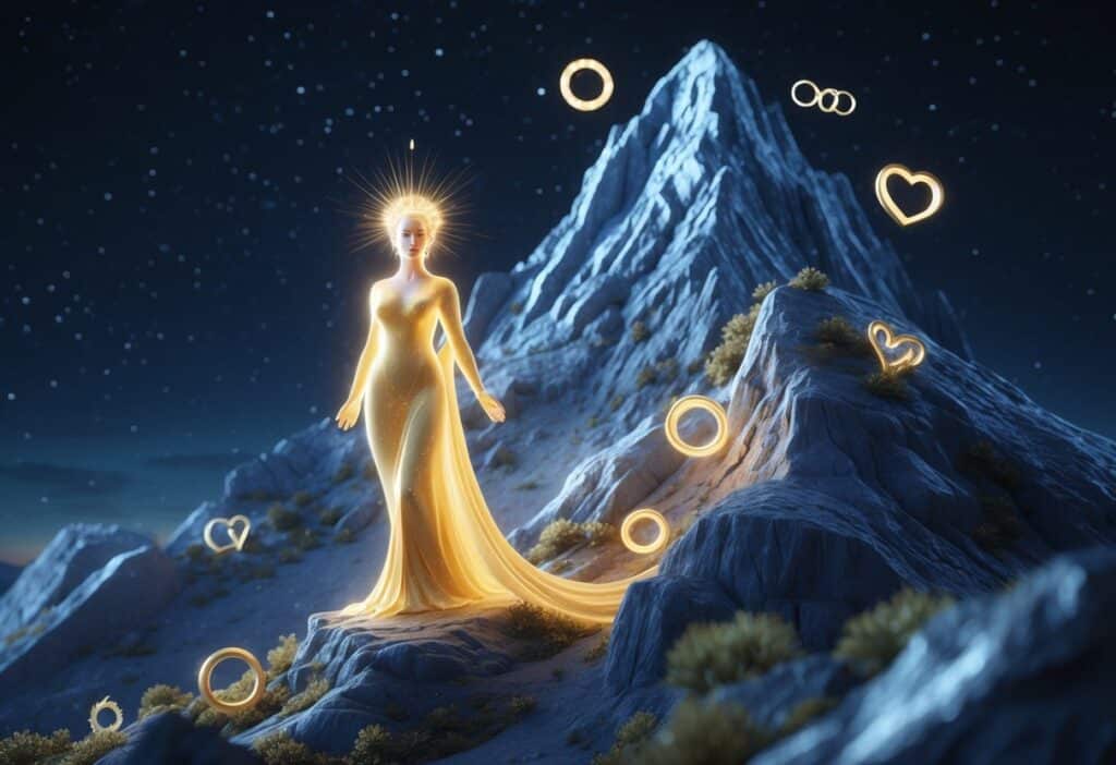 Figura feminina brilhante representando Vênus em um pico montanhoso rochoso sob um céu noturno estrelado, transmitindo uma sensação de estabilidade e ambição.