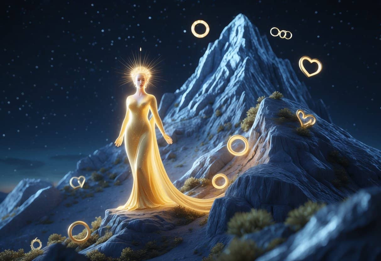 Figura feminina brilhante representando Vênus em um pico montanhoso rochoso sob um céu noturno estrelado, transmitindo uma sensação de estabilidade e ambição.