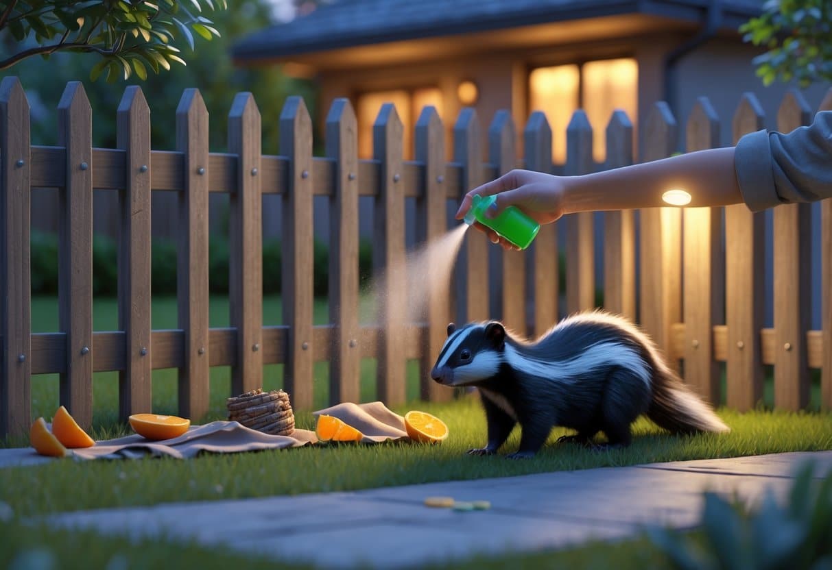 Quintal com um gambá próximo à cerca e uma pessoa aplicando repelente natural para afastá-lo de forma segura.