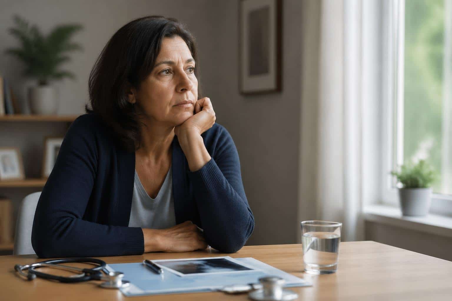 Pessoa pensativa sentada à mesa com documentos médicos e estetoscópio, em ambiente calmo e iluminado.