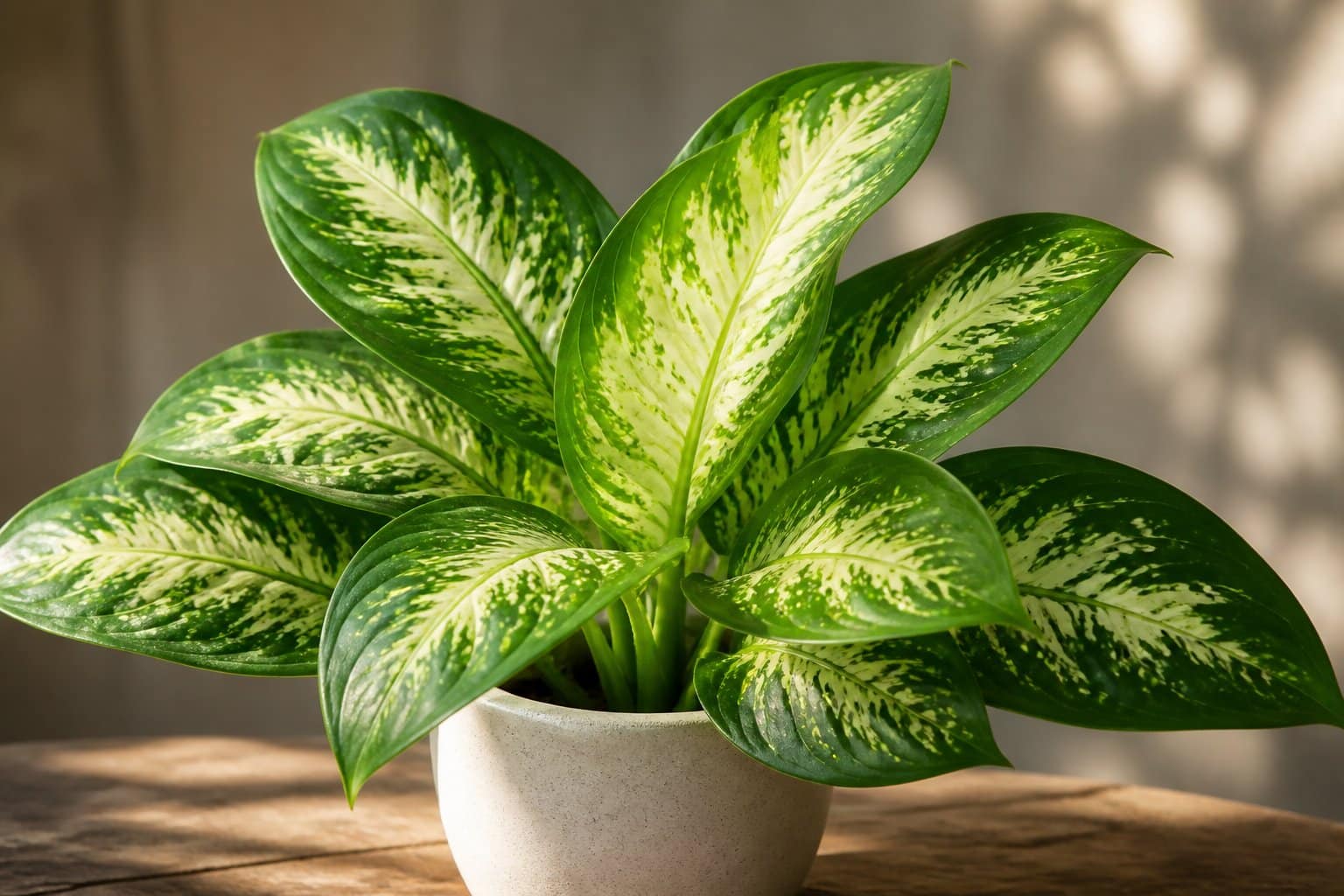 Planta comigo ninguém-pode com folhas verdes grandes e manchas brancas, em vaso sobre superfície de madeira.