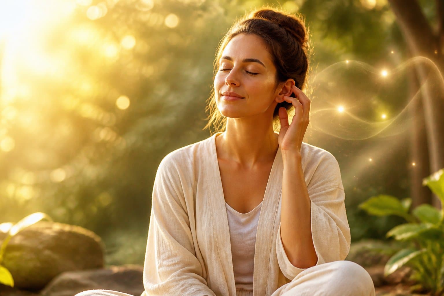 Pessoa tocando suavemente o ouvido direito com expressão calma e introspectiva em um ambiente natural com luz suave e elementos sutis de energia espiritual.