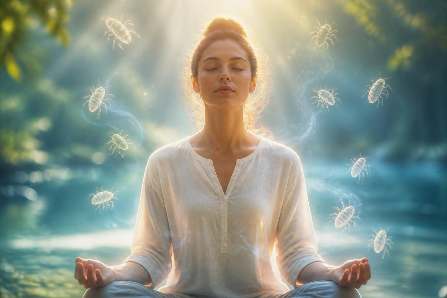 Pessoa em pose meditativa com olhos fechados, rodeada por formas translúcidas de piolhos flutuando suavemente em um ambiente natural tranquilo.