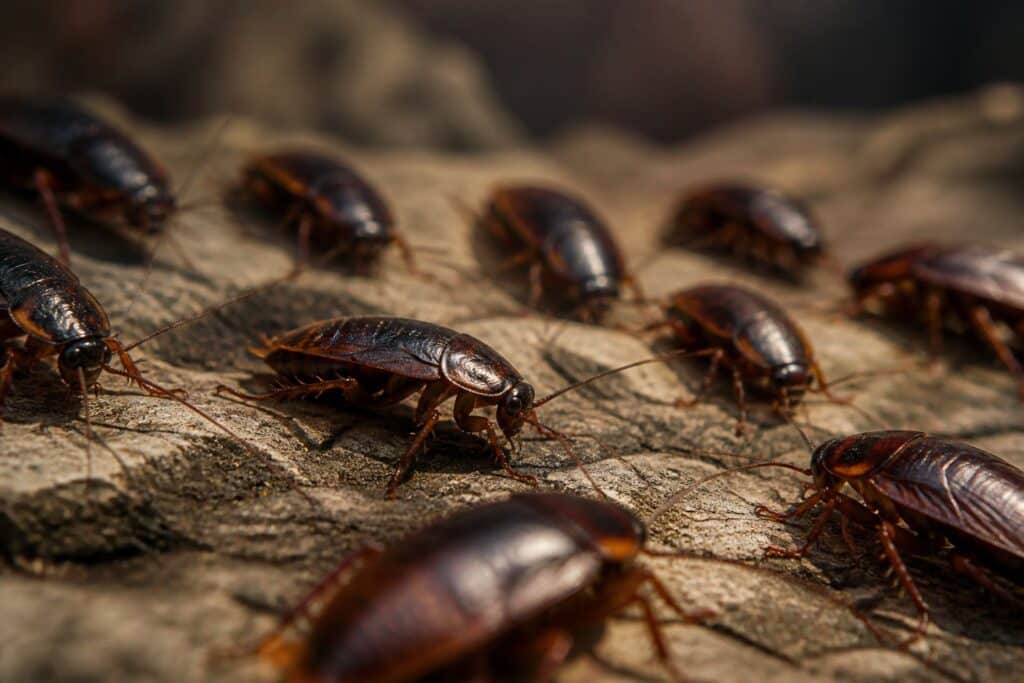 Várias baratas caminhando sobre uma superfície natural texturizada.