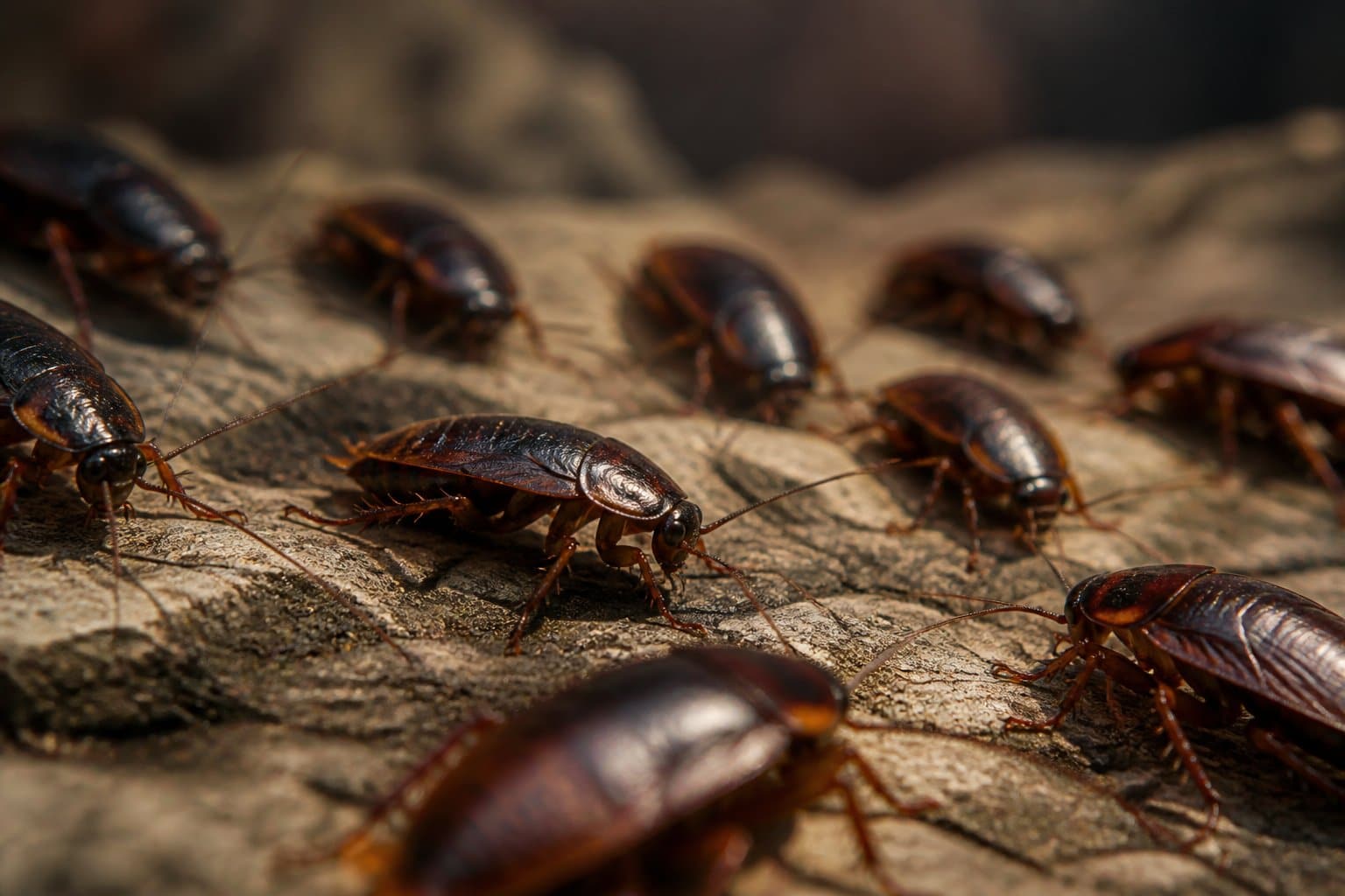 Várias baratas caminhando sobre uma superfície natural texturizada.