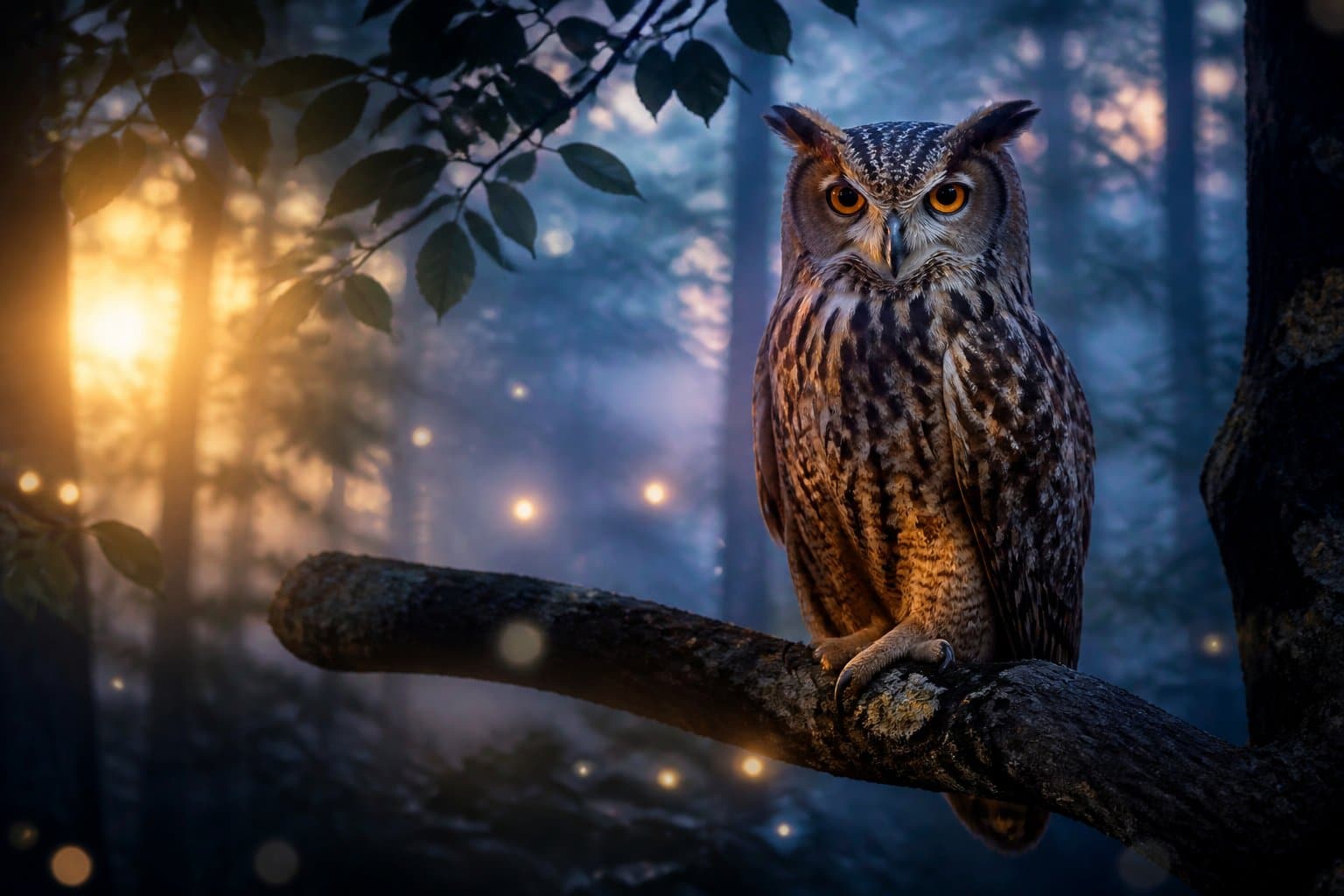 Uma coruja majestosa empoleirada em um galho de árvore ao entardecer, cercada por uma floresta mística com luz suave e névoa leve.