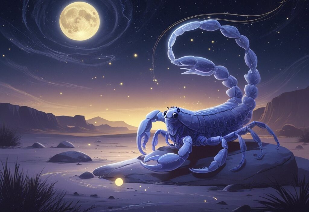 Um escorpião luminoso sobre uma pedra em um deserto à noite, com céu estrelado e lua cheia ao fundo, cercado por luzes suaves e símbolos espirituais.