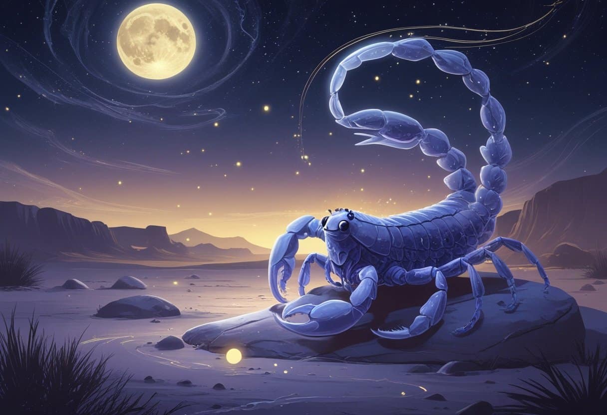 Um escorpião luminoso sobre uma pedra em um deserto à noite, com céu estrelado e lua cheia ao fundo, cercado por luzes suaves e símbolos espirituais.