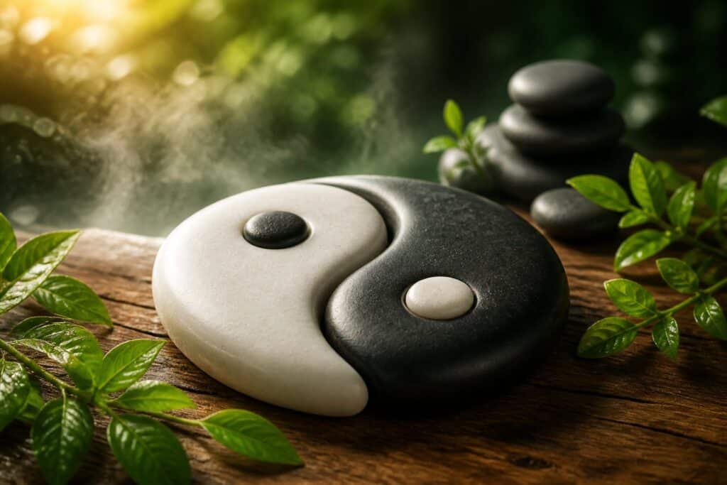 Símbolo yin yang feito de pedras pretas e brancas sobre uma superfície de madeira, cercado por folhas verdes e luz suave, transmitindo harmonia e espiritualidade.