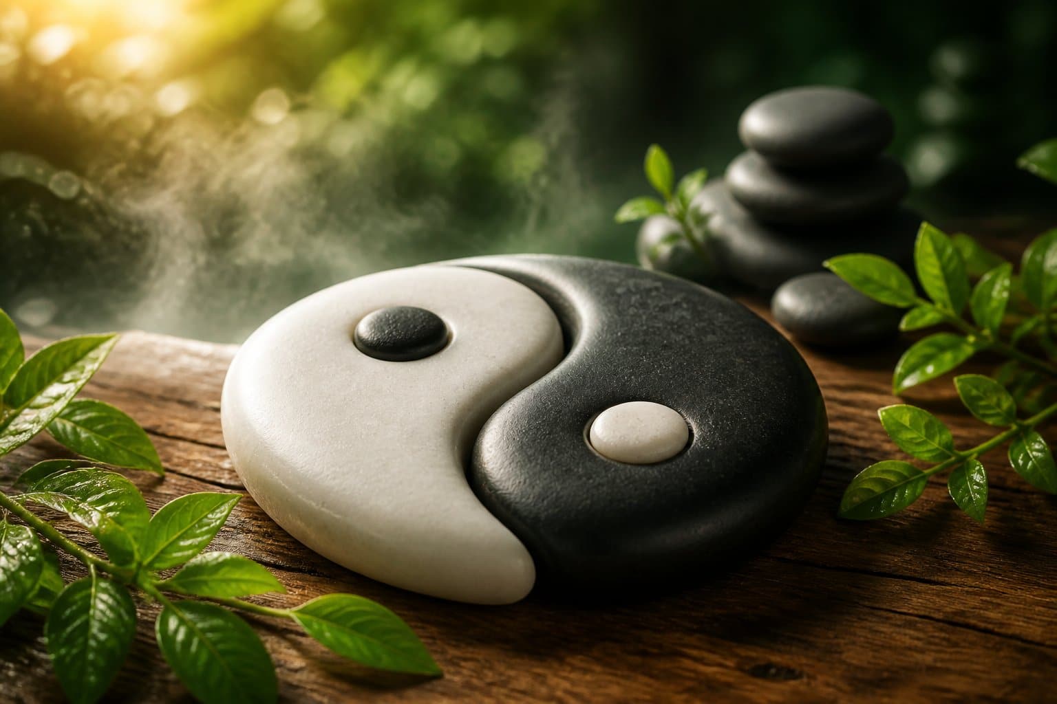 Símbolo yin yang feito de pedras pretas e brancas sobre uma superfície de madeira, cercado por folhas verdes e luz suave, transmitindo harmonia e espiritualidade.