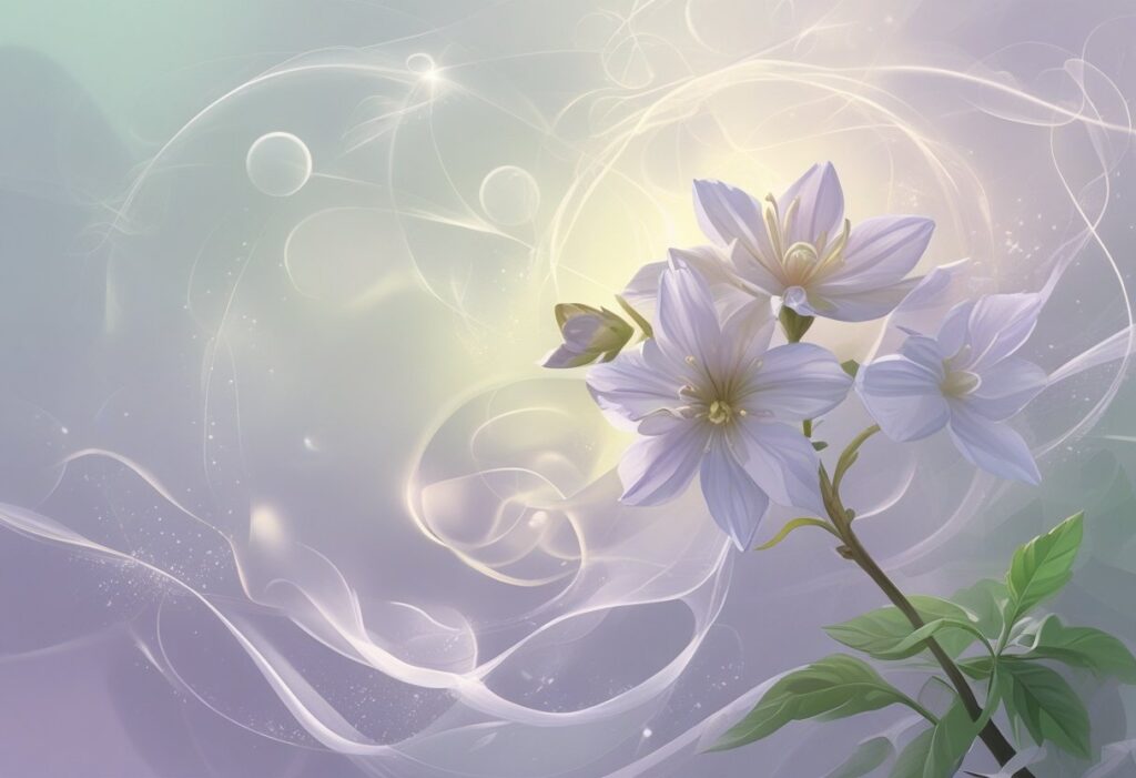 Uma flor de jasmim delicada em plena floração, rodeada por símbolos espirituais sutis e luz suave em um fundo de cores pastéis calmas.