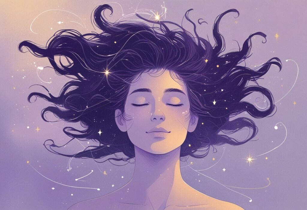 Pessoa com cabelo selvagem e volumoso, com elementos brilhantes entrelaçados, em uma expressão serena e meditativa.