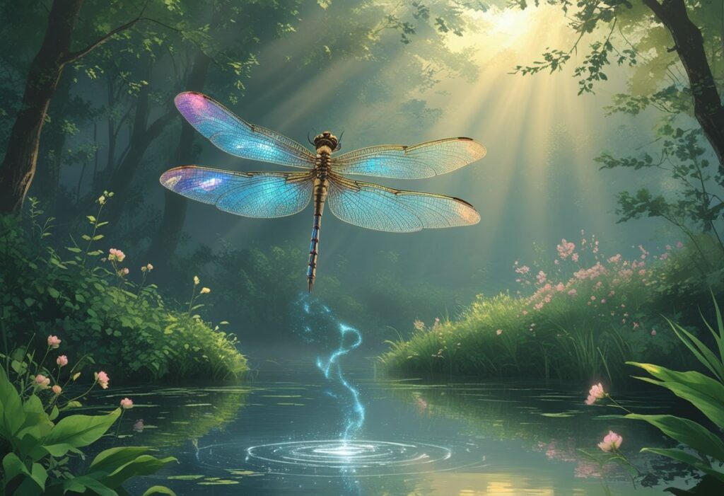 Uma libélula pairando sobre um lago calmo cercado por folhagens verdes e flores, com raios suaves de luz da manhã iluminando a cena.