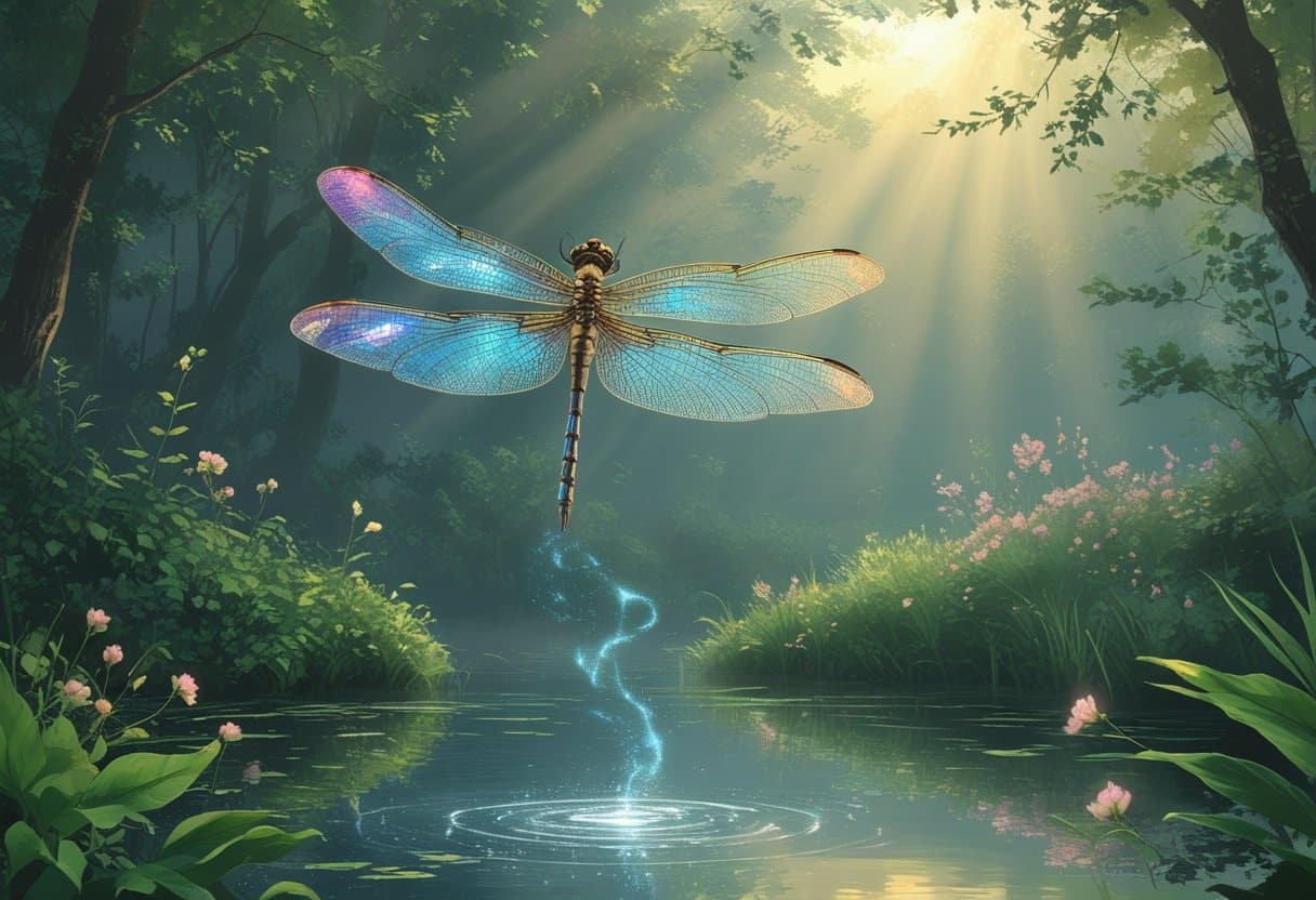 Uma libélula pairando sobre um lago calmo cercado por folhagens verdes e flores, com raios suaves de luz da manhã iluminando a cena.