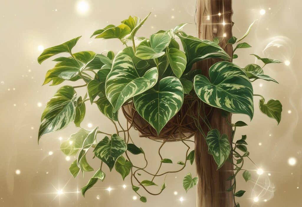Ilustração de uma planta jiboia com folhas verdes e formato de coração, com vinhas que se enrolam em um suporte de madeira, cercada por luzes suaves que transmitem um significado espiritual.