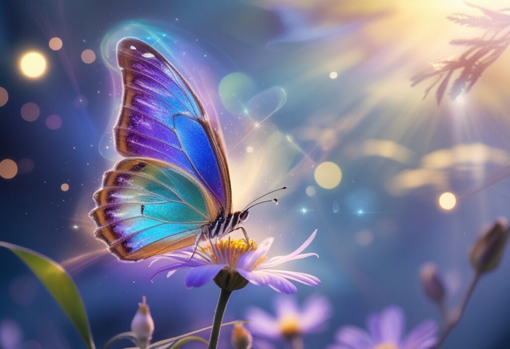 Borboleta colorida pousada em uma flor, cercada por luz suave e elementos naturais que transmitem paz e transformação espiritual.