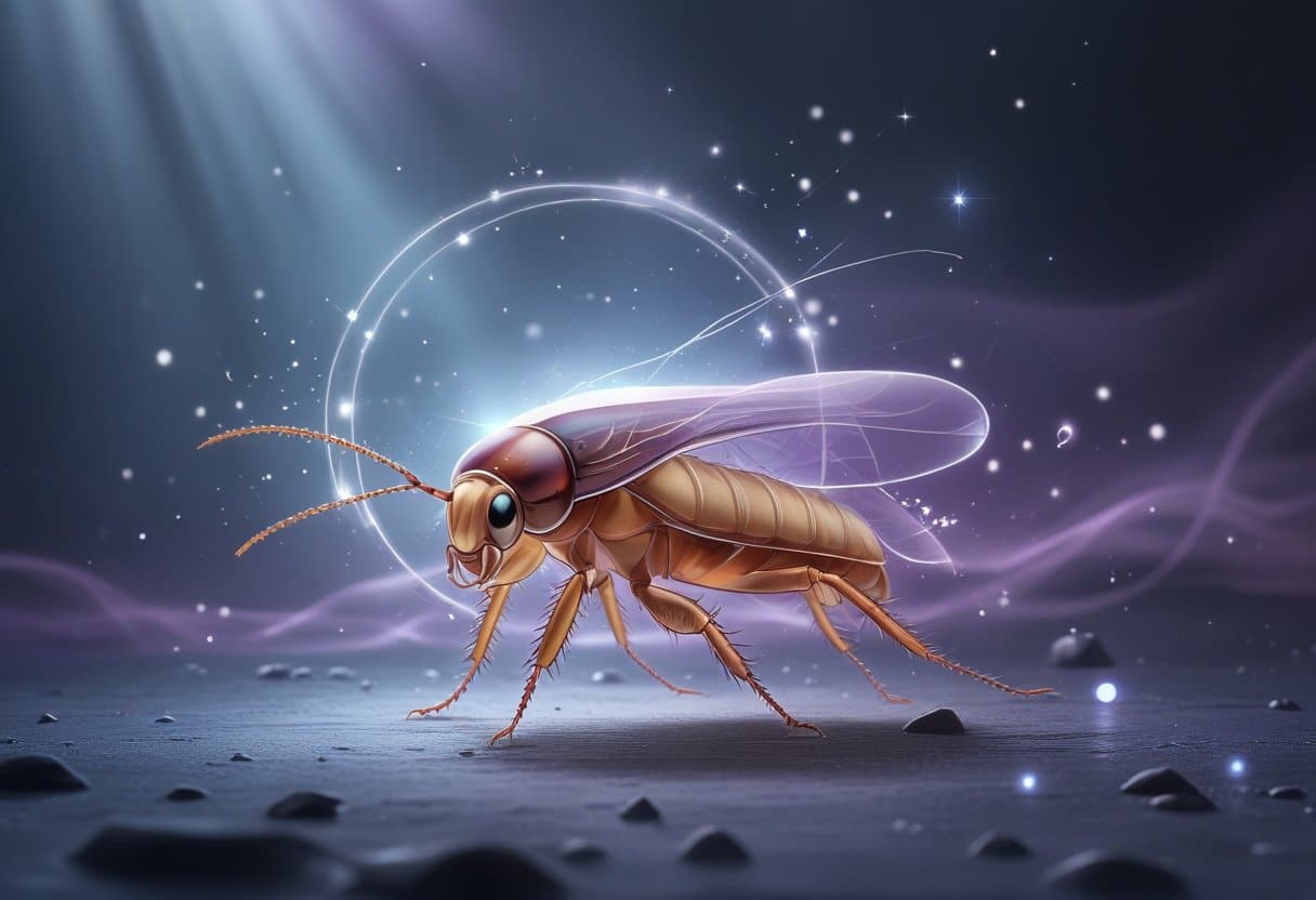 Uma imagem mostrando uma barata translúcida com um brilho espiritual ao redor, em um ambiente escuro com luzes suaves e partículas flutuantes que representam o mundo espiritual.