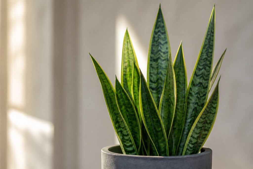 Planta espada de São Jorge com folhas verdes e pontiagudas em ambiente interno calmo e iluminado.