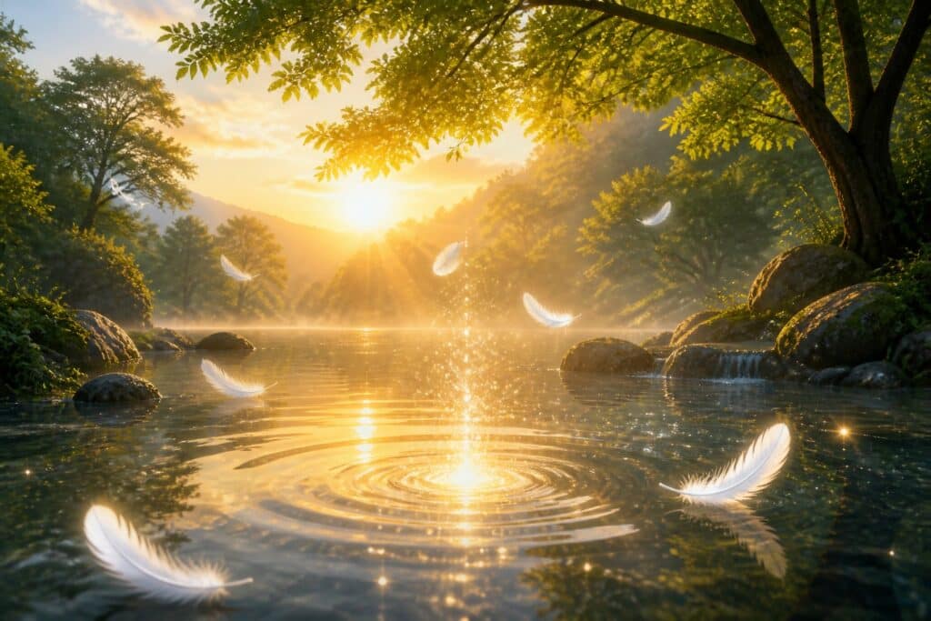 Cena tranquila de um lago ao amanhecer com luz suave, árvores verdes ao redor e penas brancas flutuando sobre a água, transmitindo uma sensação de paz e espiritualidade.