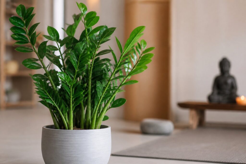 Planta zamioculca saudável com folhas verdes brilhantes em um ambiente interno tranquilo e minimalista.