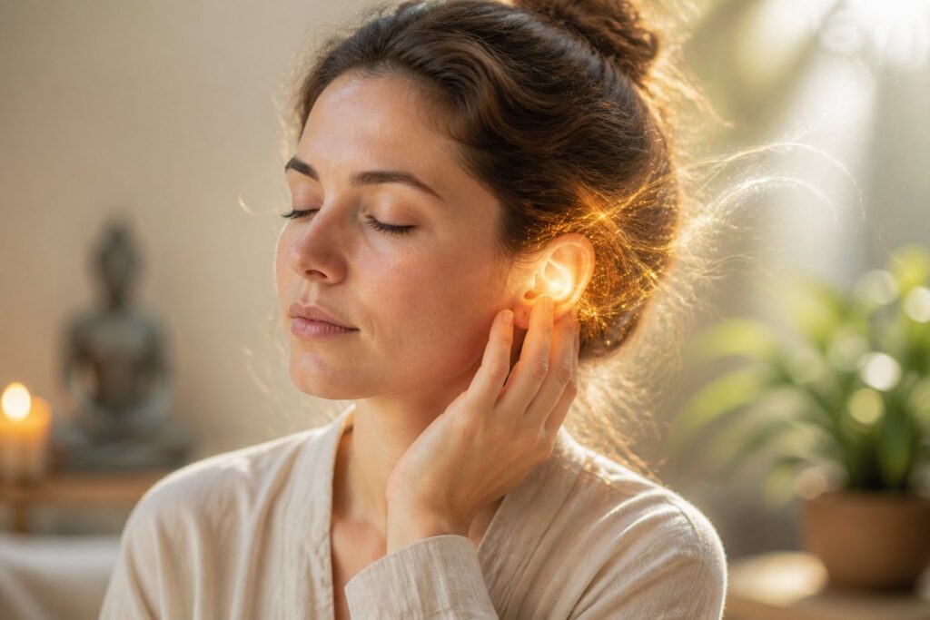 Pessoa calma com os olhos fechados tocando o ouvido esquerdo, em um ambiente tranquilo e iluminado suavemente.