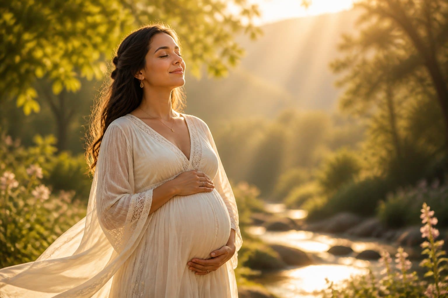 Mulher grávida em pé, segurando a barriga com as mãos, com expressão serena em um ambiente natural iluminado pela luz do sol.