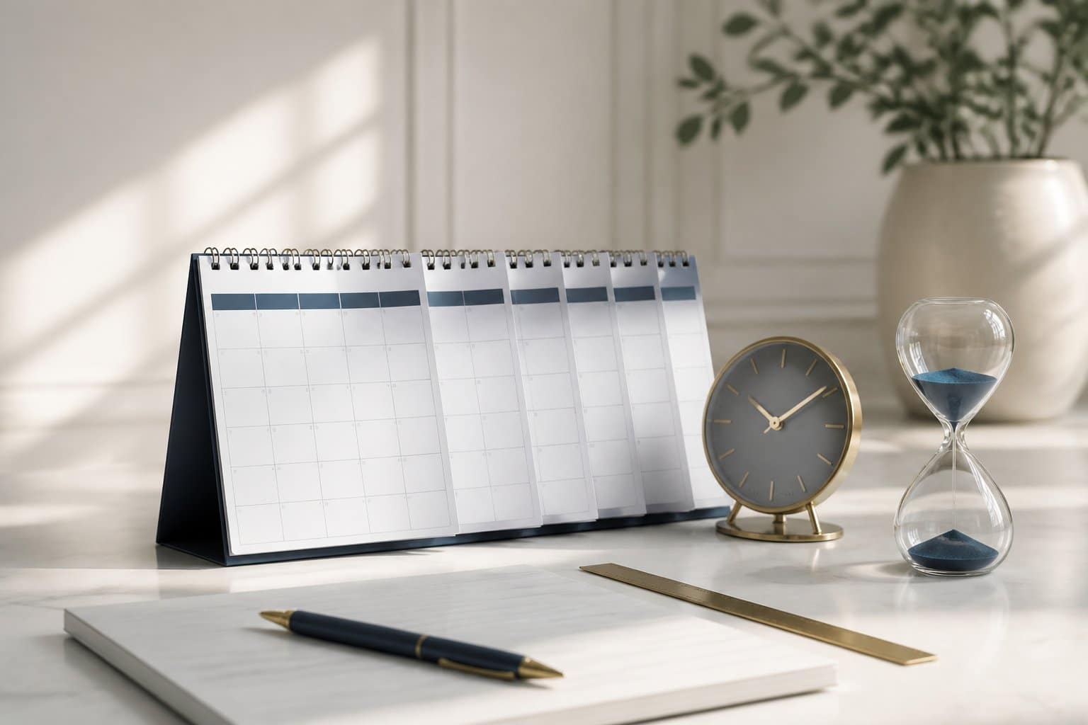 Calendário de mesa, relógio e ampulheta organizados sobre uma superfície clara para representar a passagem de 180 dias.
