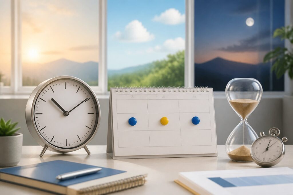 Relógio, calendário e ampulheta representando a passagem de três dias.