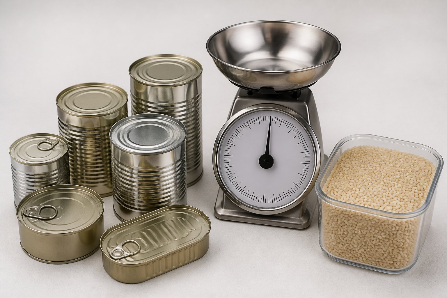 Latas metálicas organizadas ao lado de uma balança de cozinha e um recipiente com grãos secos.