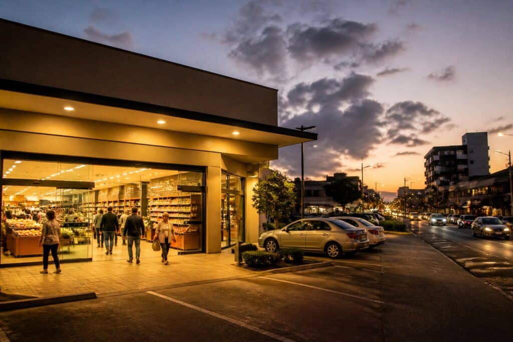 Supermercado de bairro aberto no início da noite, com pessoas entrando e saindo.