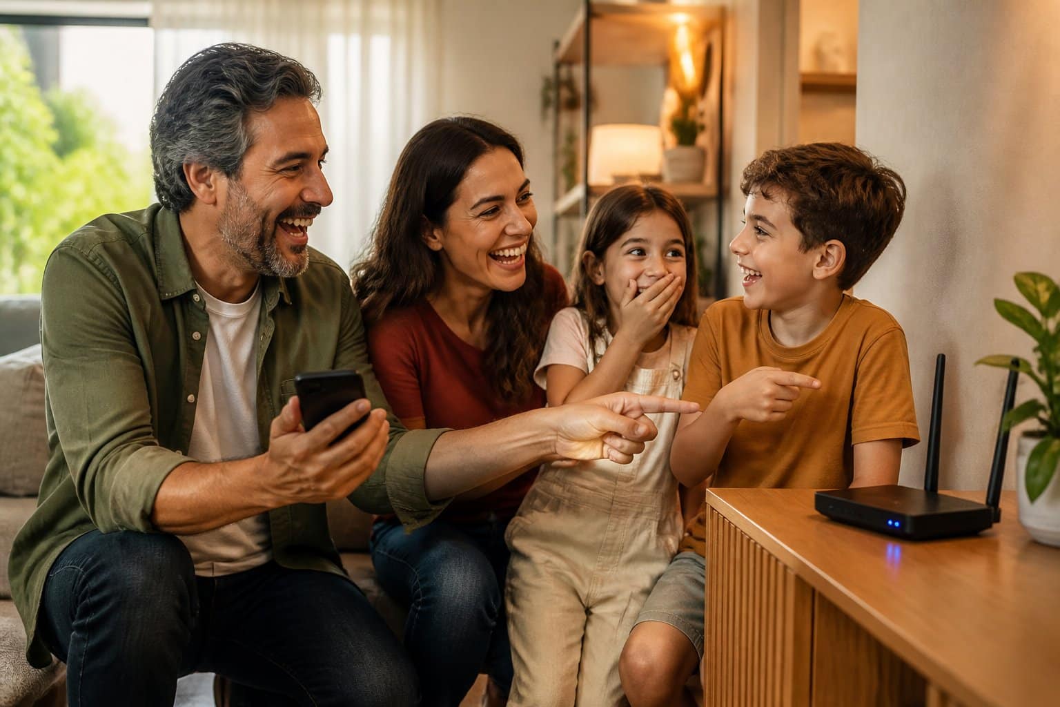 Família reunida na sala rindo enquanto escolhe um nome engraçado para a rede Wi-Fi.
