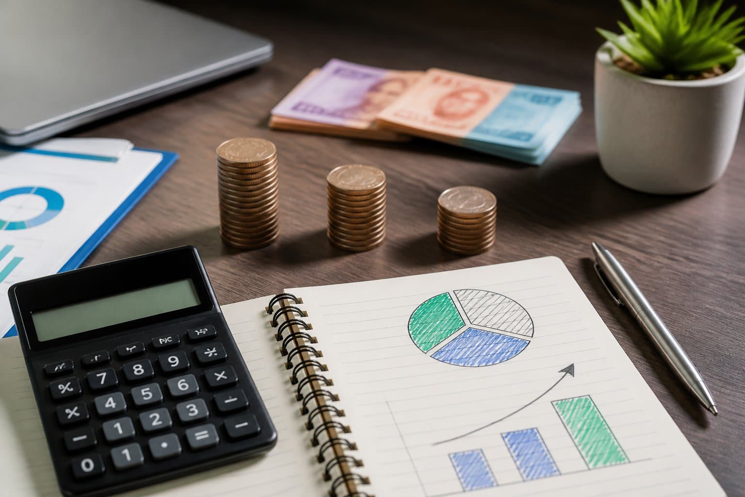 Calculadora, moedas e notas organizadas sobre uma mesa de escritório, representando um cálculo financeiro.