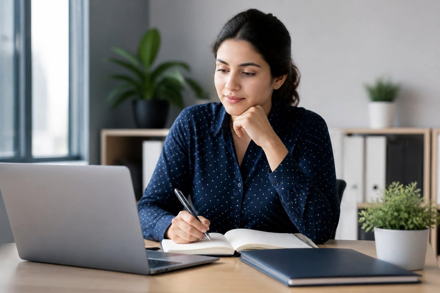 Profissional revisando materiais de carreira em uma mesa organizada com notebook e caderno.