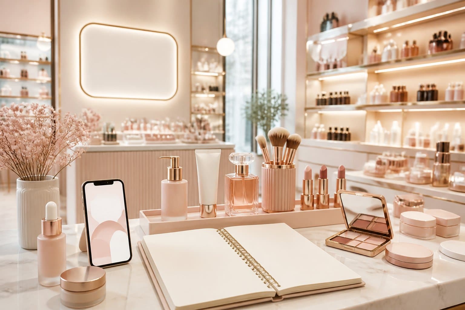 Interior elegante de uma loja de cosméticos com produtos de beleza organizados em prateleiras e balcão.