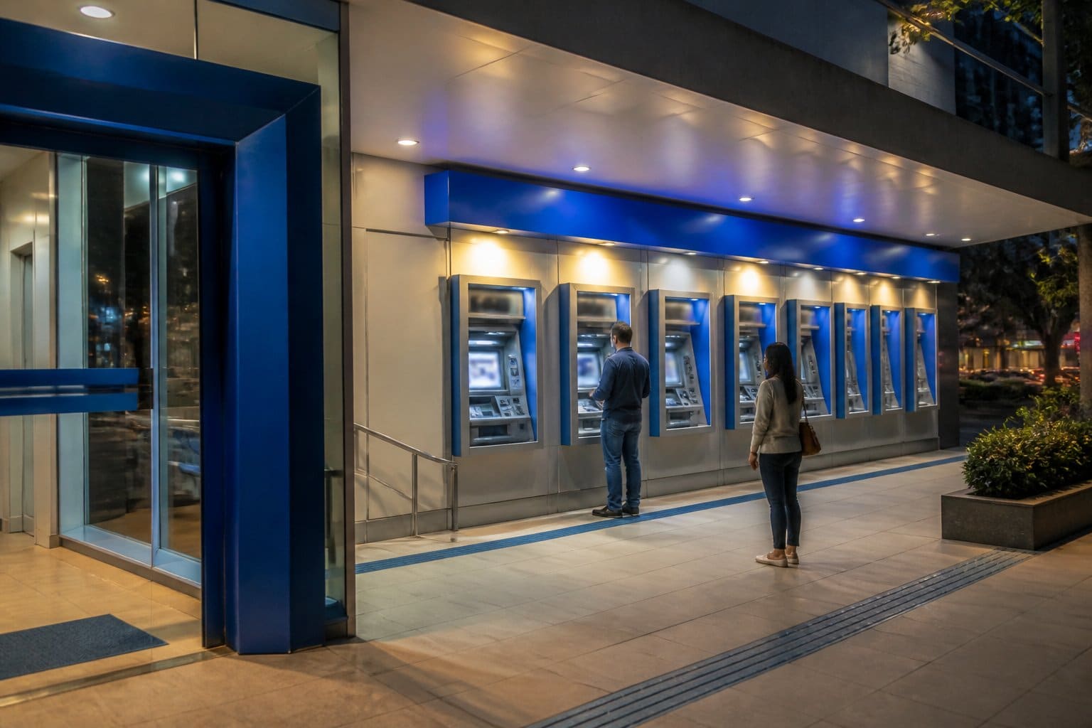Pessoa utilizando um caixa eletrônico em uma área de autoatendimento bancário durante a noite.