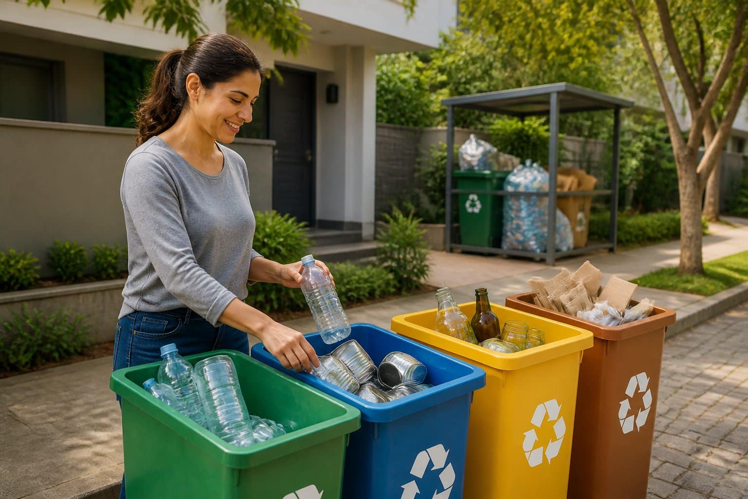 Pessoa separa materiais recicláveis em recipientes coloridos perto de uma casa.
